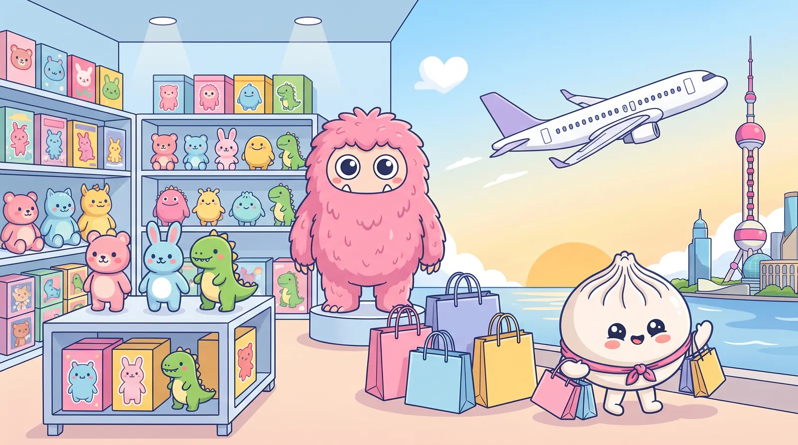 การ์ตูนร้านของเล่นสีพาสเทล ถุงช้อปปิ้ง และเครื่องบินบินกลับตอนพระอาทิตย์ตก